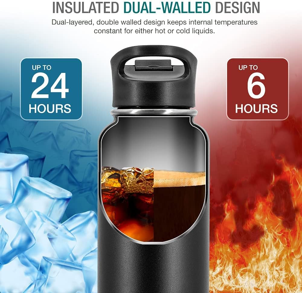 40 Oz. Flask Double Wall Stainless Steel, Leak Proof & Vacuum Insulated (Black)