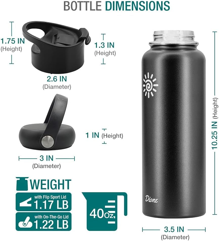 40 Oz. Flask Double Wall Stainless Steel, Leak Proof & Vacuum Insulated (Black)