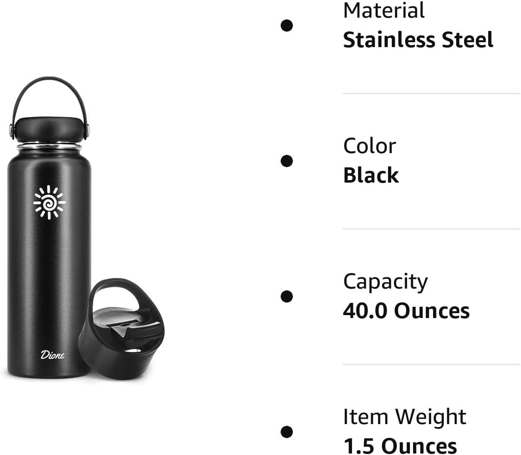 40 Oz. Flask Double Wall Stainless Steel, Leak Proof & Vacuum Insulated (Black)